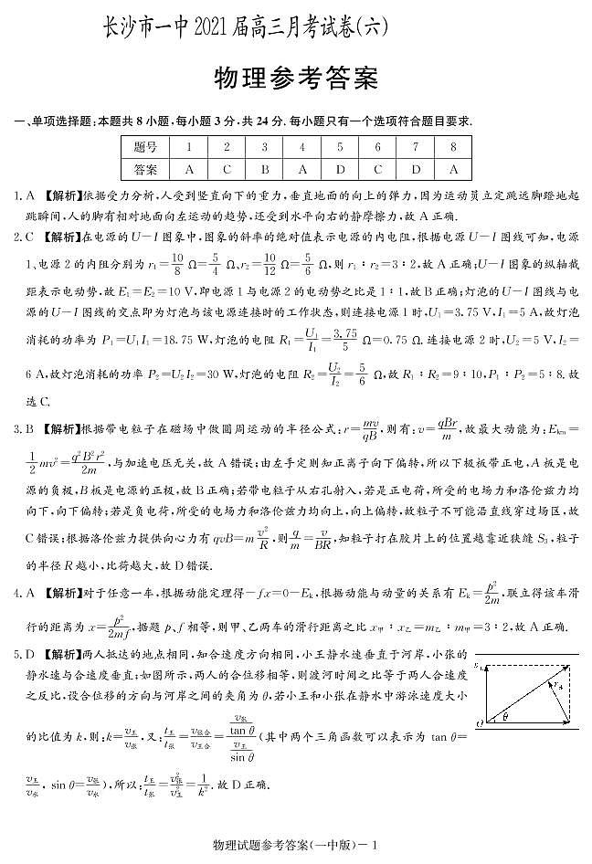2021届湖南省长沙市第一中学高三上学期月考试卷（六）物理试题 PDF版01