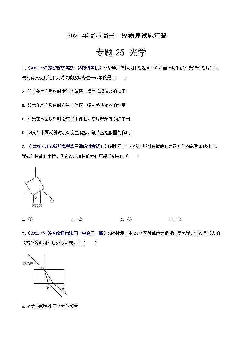 专题25 光学-最新高考高三一模物理试题汇编（原卷版）第1页