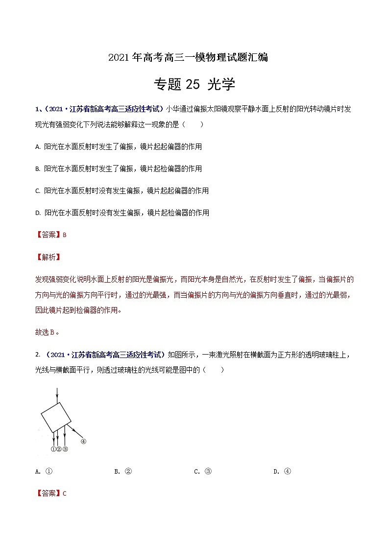 专题25 光学-最新高考高三一模物理试题汇编（解析版）第1页