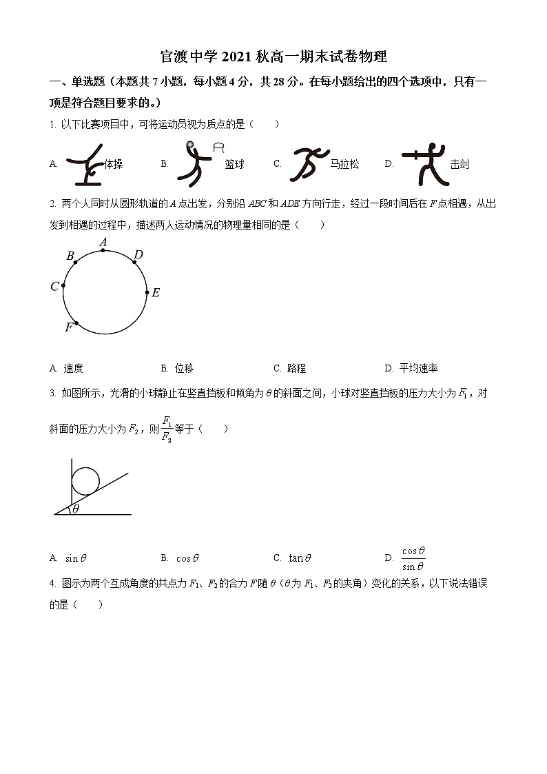 重庆市巫山县官渡中学2021-2022学年高一上学期期末考试物理试题无答案第1页