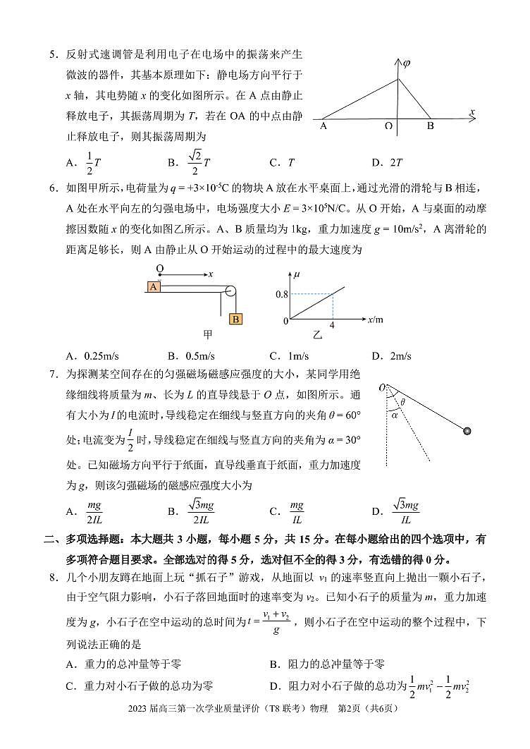 八省八校2023届高三第一次学业质量评价（T8联考）物理（重庆版）无答案 试卷02