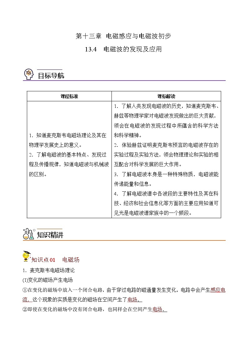 13.4 电磁波的发现及应用（解析版）-2022-2023学年高二物理备课必备讲义（人教2019必修第三册 ）第1页