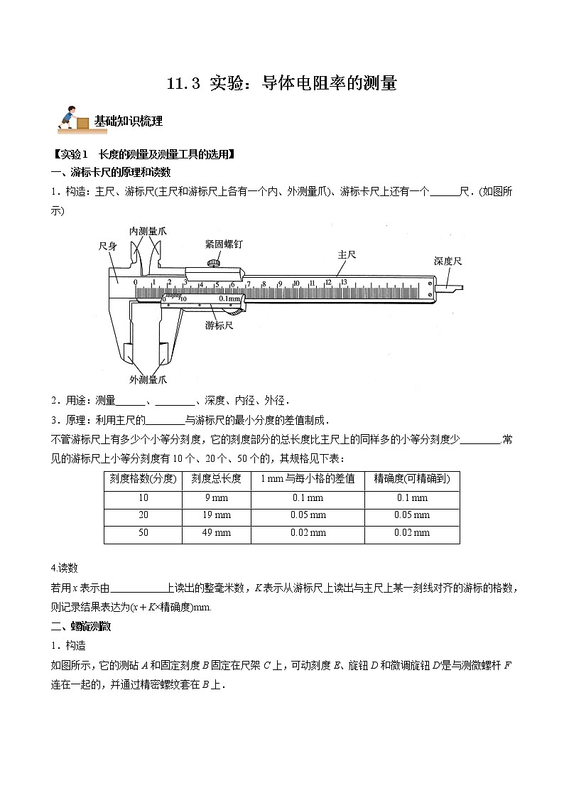 11.3 实验：导体电阻率的测量（原卷版）-2022-2023学年高二物理上学期同步学案+典例+练习（人教版必修第三册）第1页