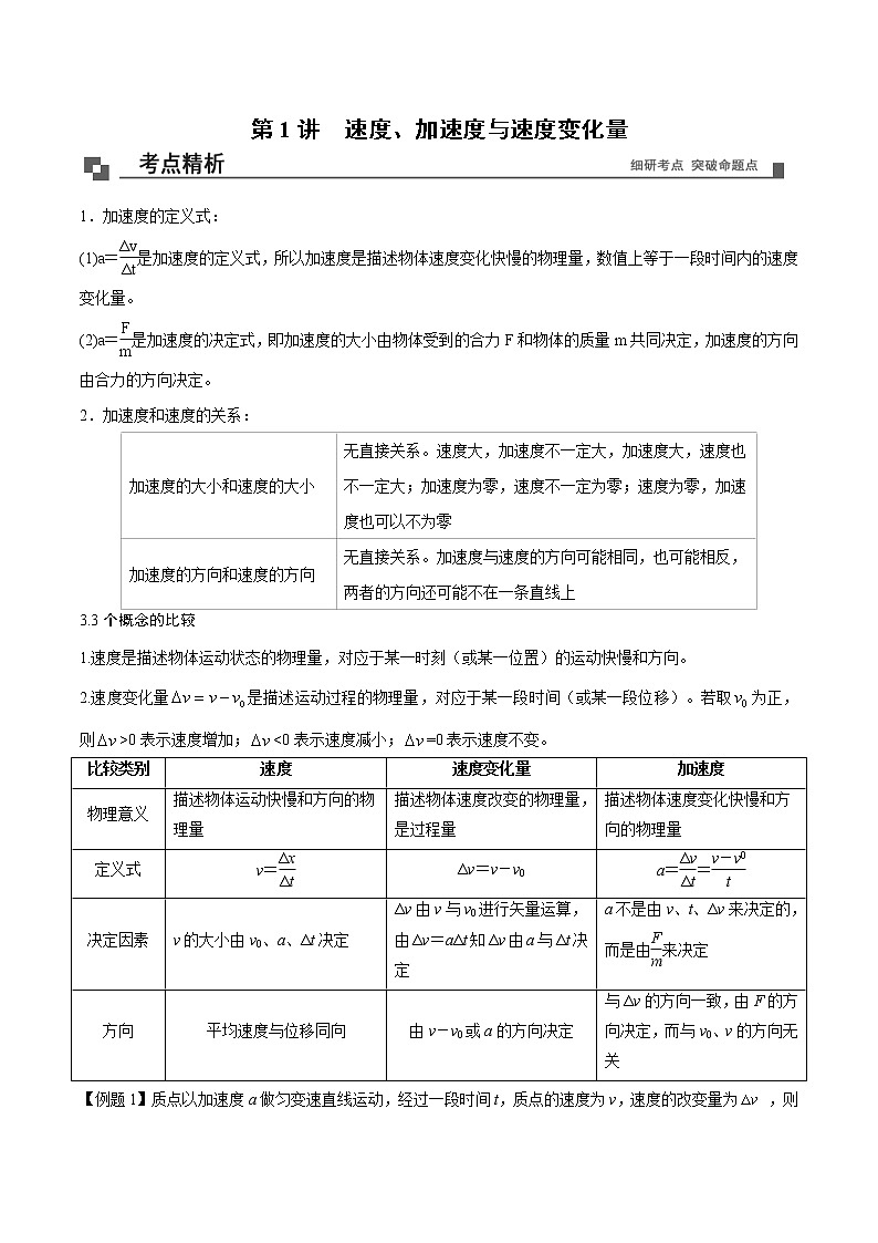 【期末专题复习】人教版(2019)物理必修1-高一上学期期末专题点拨与训练：第1讲 速度、加速度与速度变化量01