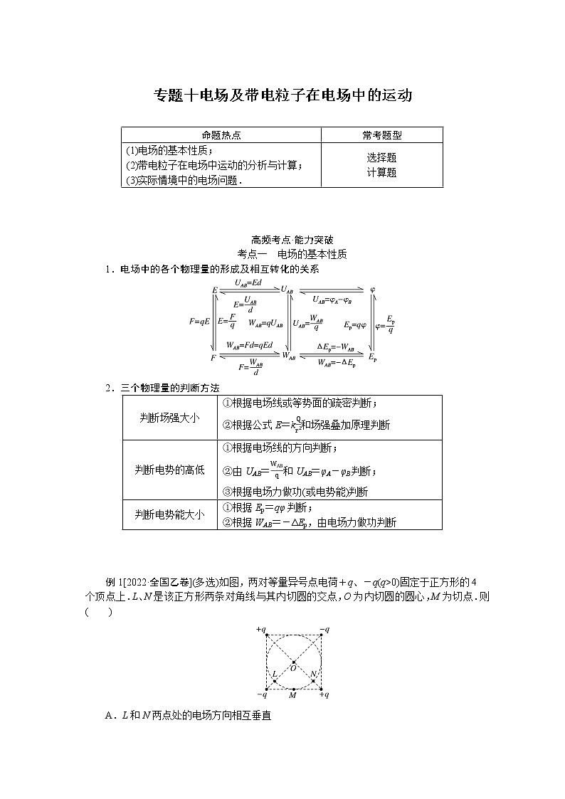 2023届二轮复习  专题十电场及带电粒子在电场中的运动 学案第1页