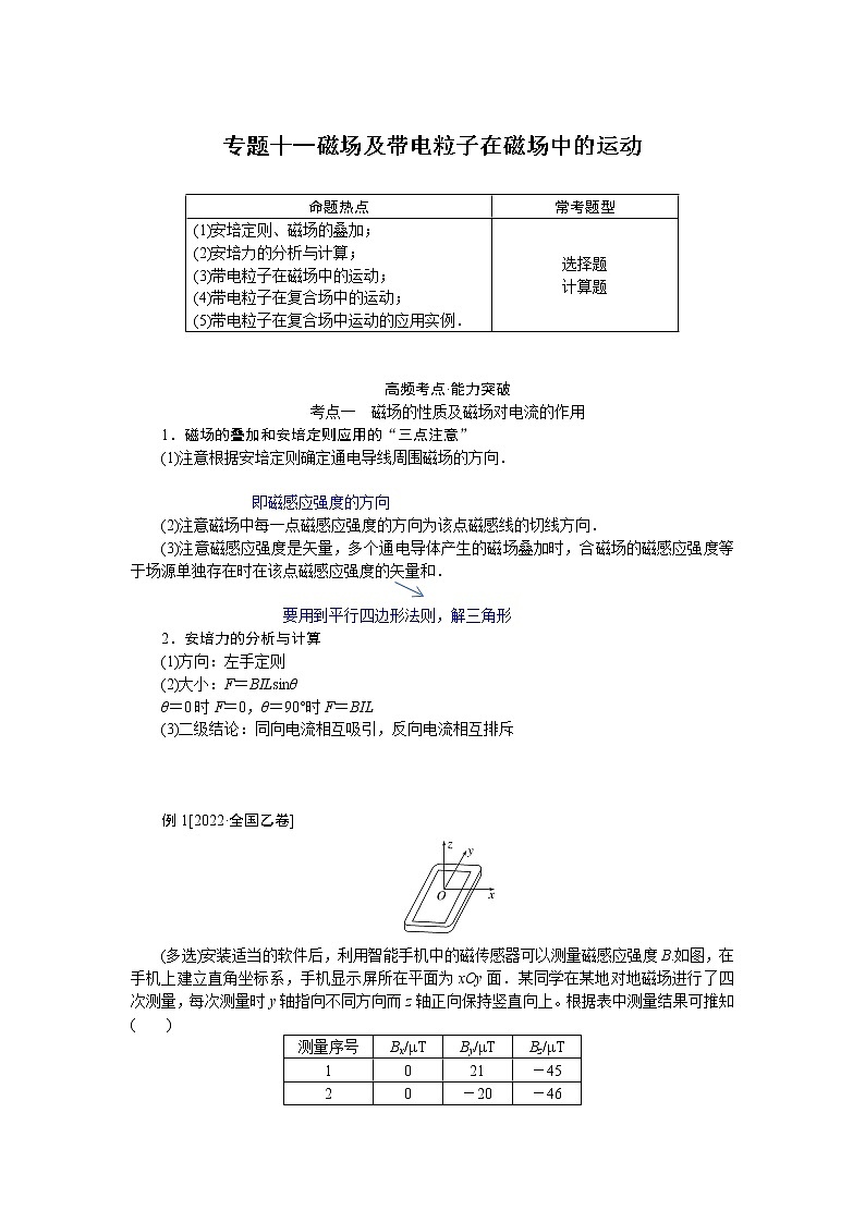 2023届二轮复习  专题十一磁场及带电粒子在磁场中的运动 学案01