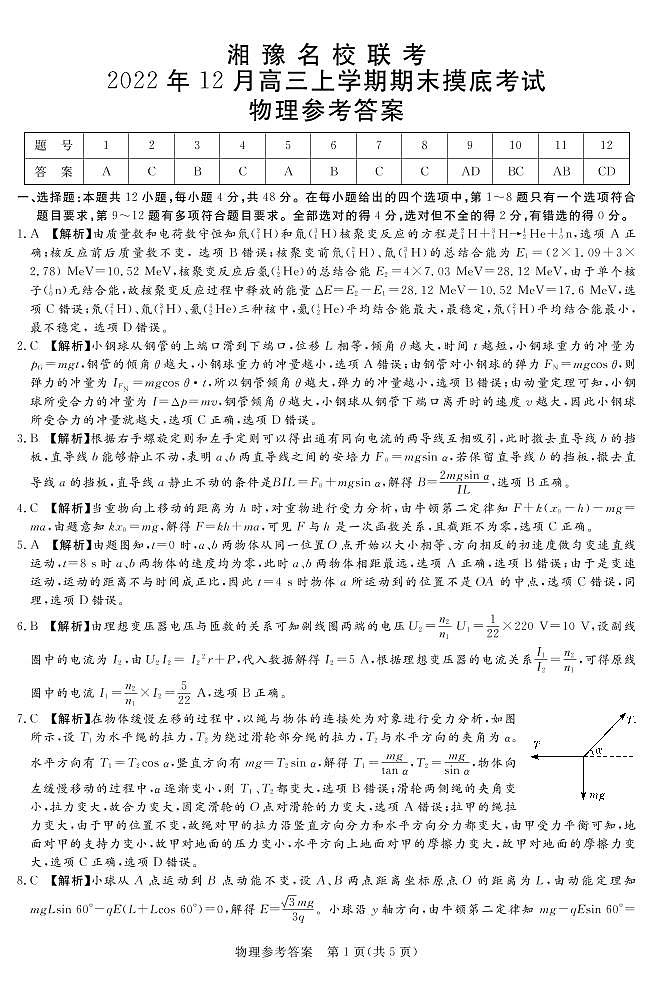 湘豫名校联考物理答案第1页