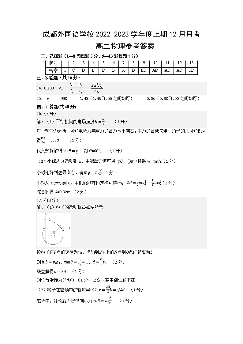 2023成都外国语学校高二上学期12月月考物理试题含答案01
