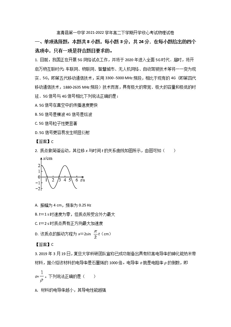 2021-2022学年山东省高青县第一中学高二下学期开学收心考试物理试题（Word版）第1页