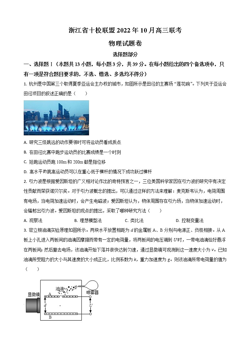 2023届浙江省杭州高中十校联盟高三上学期10月联考试题 物理（原卷 解析版）01