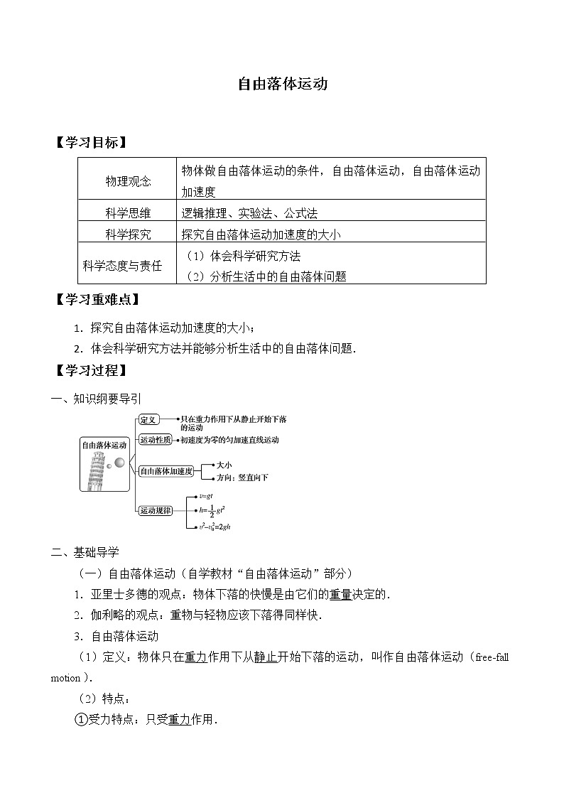 新课标高中物理：(学案)自由落体运动第1页