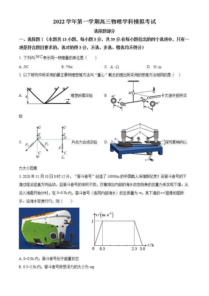 2023杭州学军中学高三上学期12月模拟考试物理含解析01