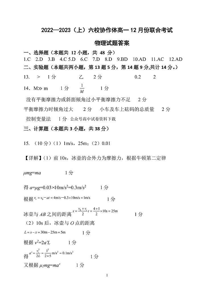 2023辽宁省六校协作体高一上学期12月月考物理试题PDF版含答案01