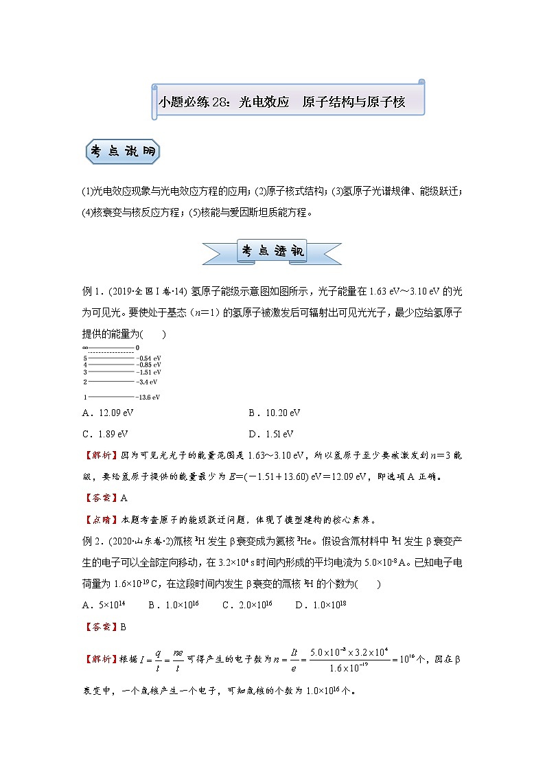 高中物理高考   2021届小题必练28 光电效应   原子结构与原子核 学生版01