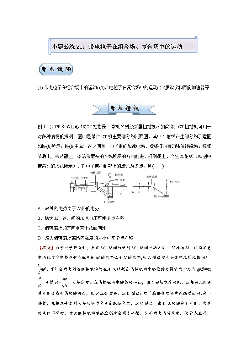高中物理高考  2021届小题必练21 带电粒子在组合场、复合场中的运动 教师版01