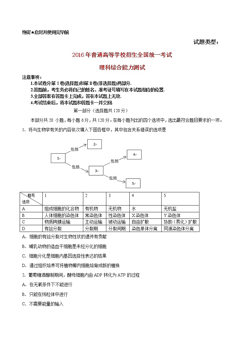 高中物理高考 2016年普通高等学校招生全国统一考试理综试题（北京卷，含答案）01