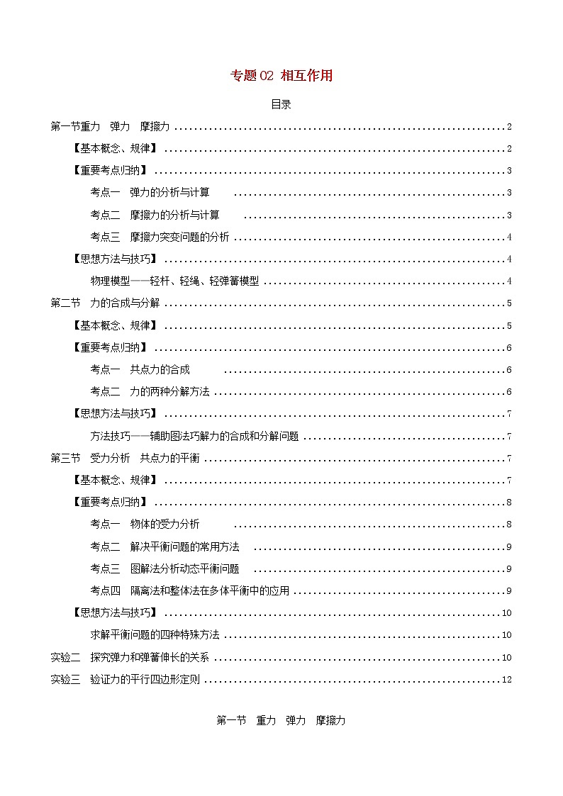 高中物理高考 2020年高考物理一轮复习专题02相互作用考点归纳01