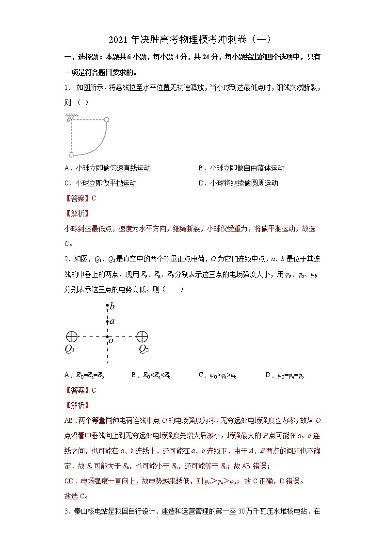 高中物理高考 卷1-2021年决胜高考物理模考冲刺卷（新高考湖南专用）（解析版）第1页