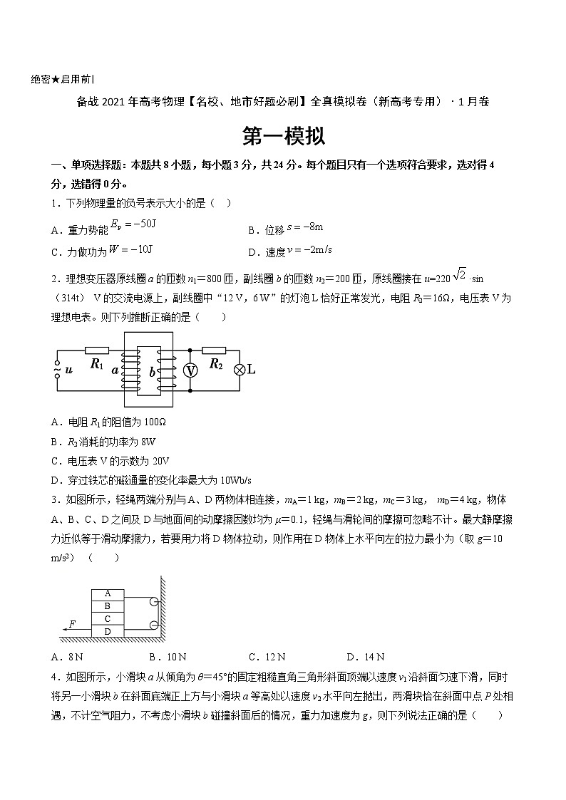 高中物理高考 卷1-备战2021年高考物理【名校、地市好题必刷】全真模拟卷（新高考专用）·1月卷（原卷版）第1页