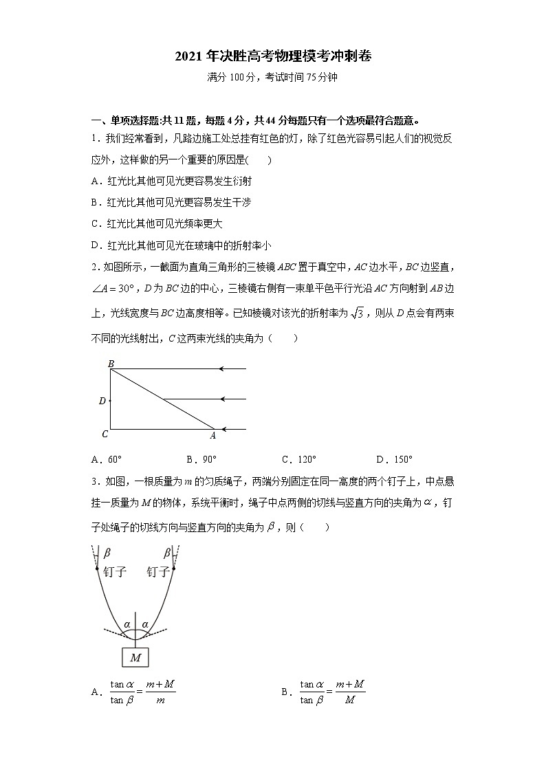 高中物理高考 卷4-2021年决胜高考物理模考冲刺卷（江苏专用）（原卷版）第1页