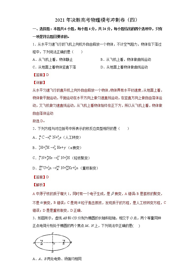 高中物理高考 卷4-2021年决胜高考物理模考冲刺卷（新高考湖南专用）（解析版）第1页