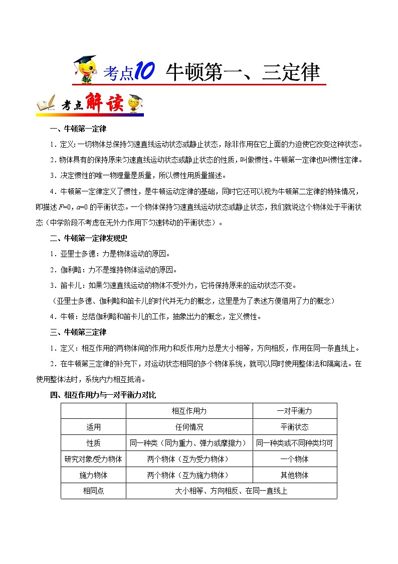 高中物理高考 考点10 牛顿第一、三定律——备战2021年高考物理考点一遍过第1页