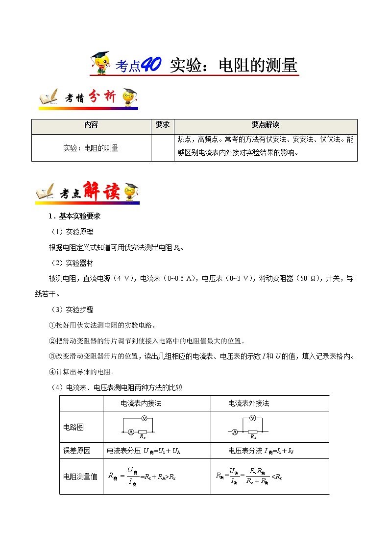 高中物理高考 考点40 实验 电阻的测量-备战2022年高考物理考点一遍过第1页