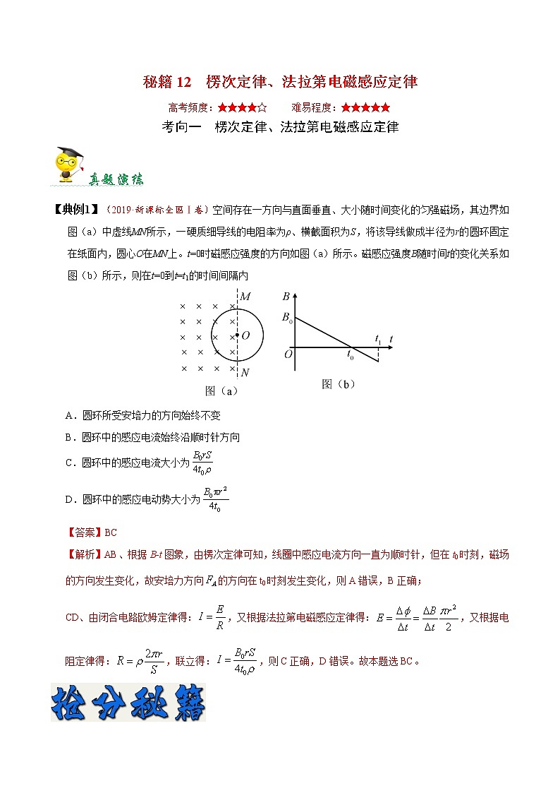 高中物理高考 秘籍12 楞次定律、法拉第电磁感应定律-备战2020年高考物理之抢分秘籍（教师版） 试卷01