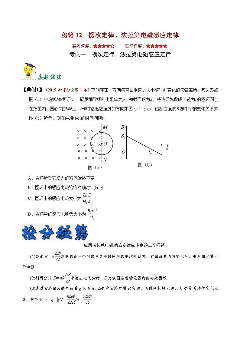 高中物理高考 秘籍12 楞次定律、法拉第电磁感应定律-备战2020年高考物理之抢分秘籍（原卷版）第1页