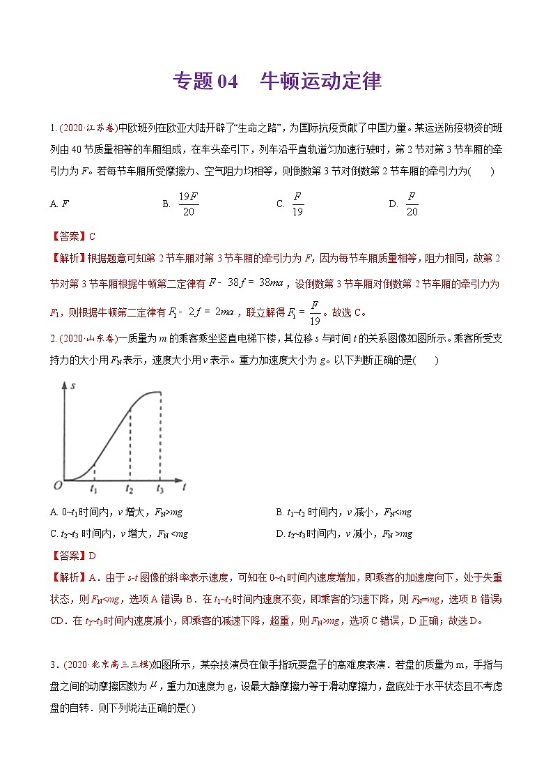 高中物理高考 专题04 牛顿运动定律-2019年高考真题和模拟题物理分类训练（教师版含解析）第1页