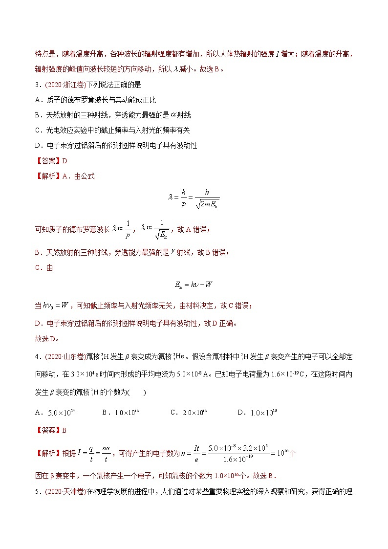 高中物理高考 专题14 原子结构、原子核和波粒二象性——2020年高考真题和模拟题物理分类训练（教师版含解析）02