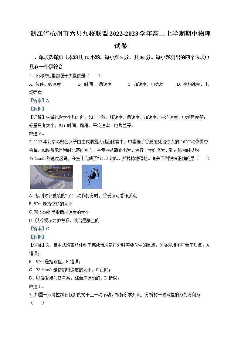2022-2023学年浙江省杭州市六县九校联盟高二上学期期中物理试题 （解析版）01