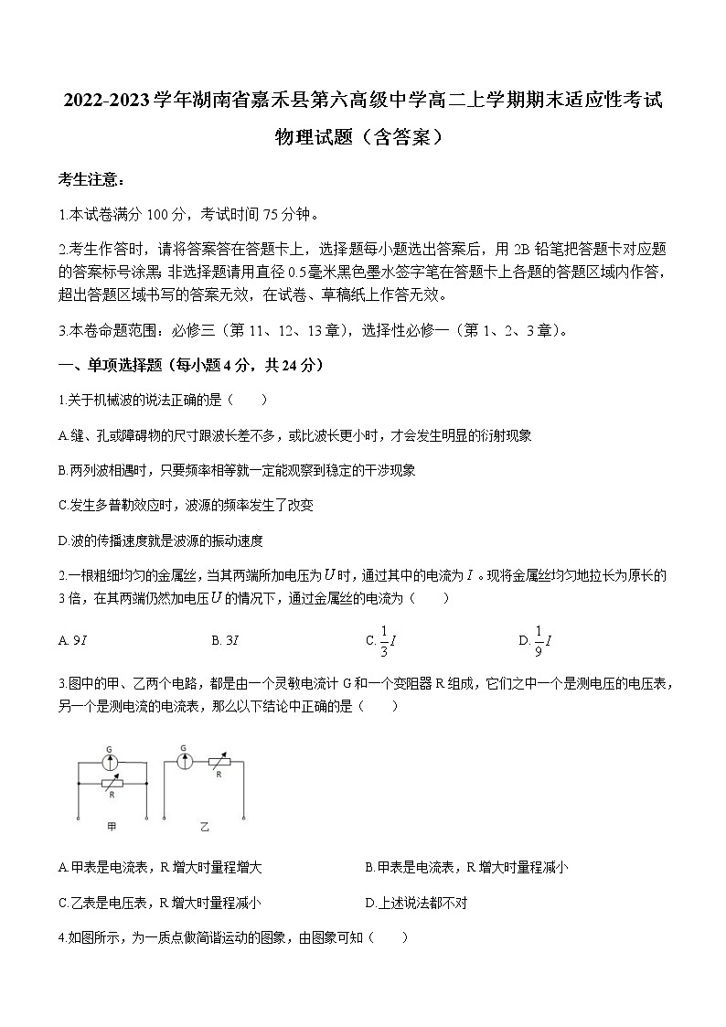 2022-2023学年湖南省嘉禾县第六高级中学高二上学期期末适应性考试 物理试题（含答案）01