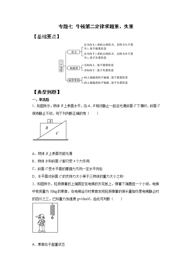 2023年高一物理上学期寒假重难点复习（人教版2019必修第一册）专题七 牛顿第二定律求超重、失重01