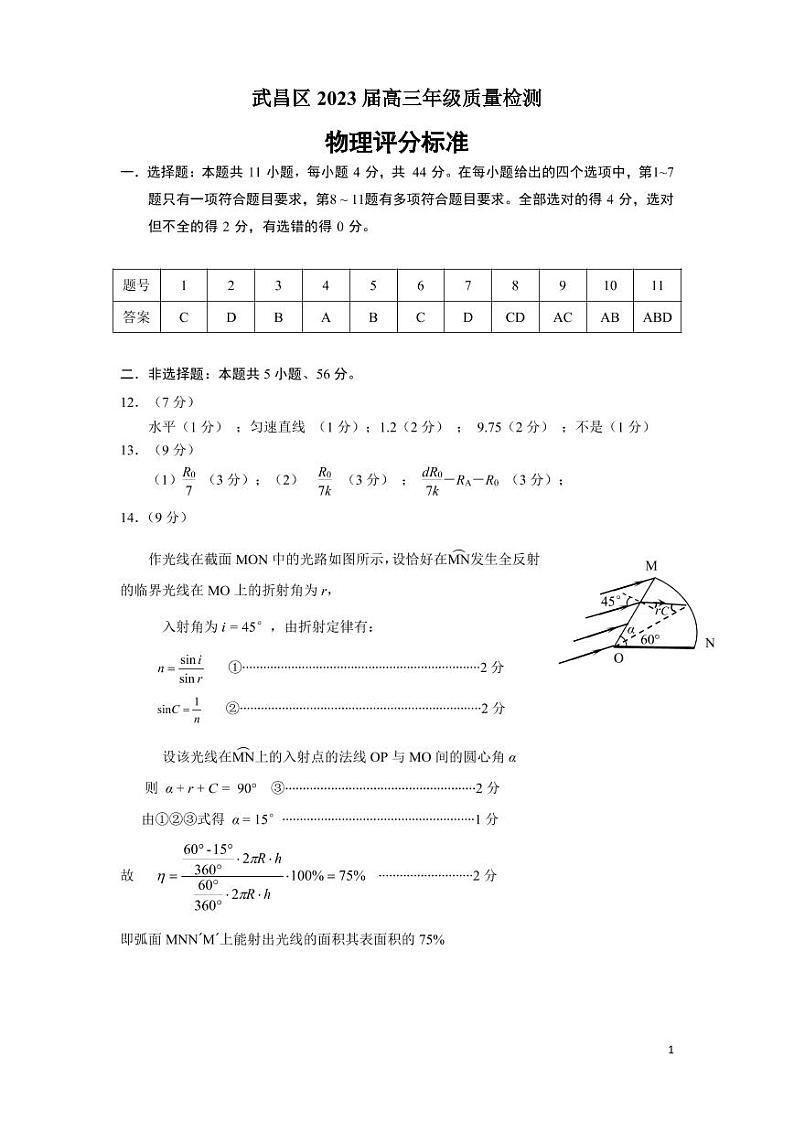 2023武汉武昌区高三年级1月质量检测物理试题PDF版含答案、答题卡01