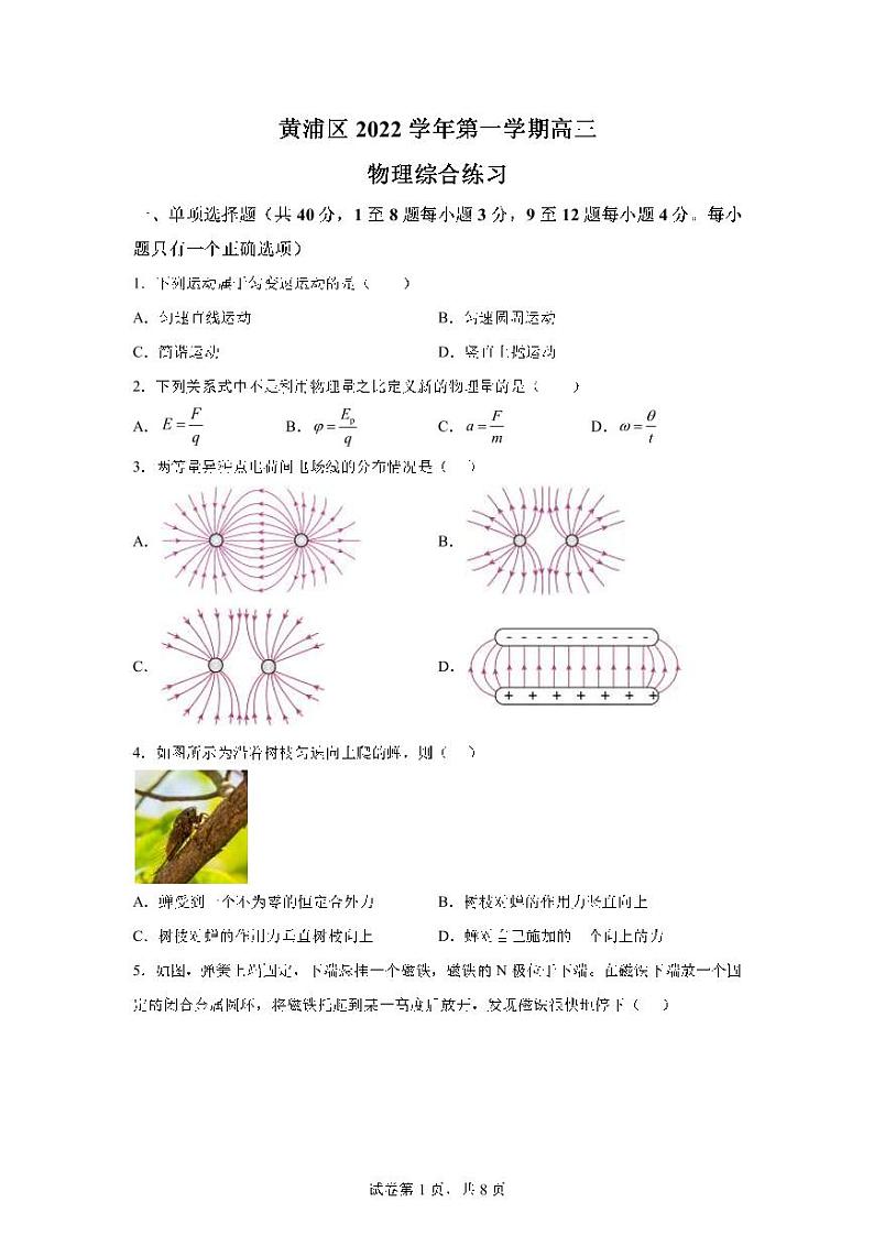 2023届上海市黄浦区高三上学期一模物理试题（PDF版）第1页