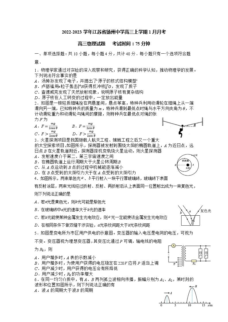 2022-2023学年江苏省扬州中学高三上学期1月月考物理试题 word版第1页