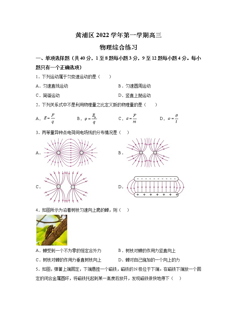 2023届上海市黄浦区高三上学期一模物理试题（word版）01