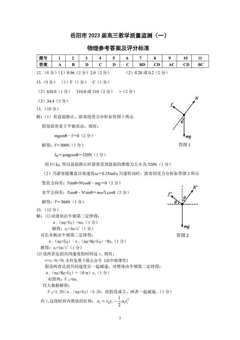 2022-2023学年湖南省岳阳市高三教学质量监测（一）物理试卷 PDF版01