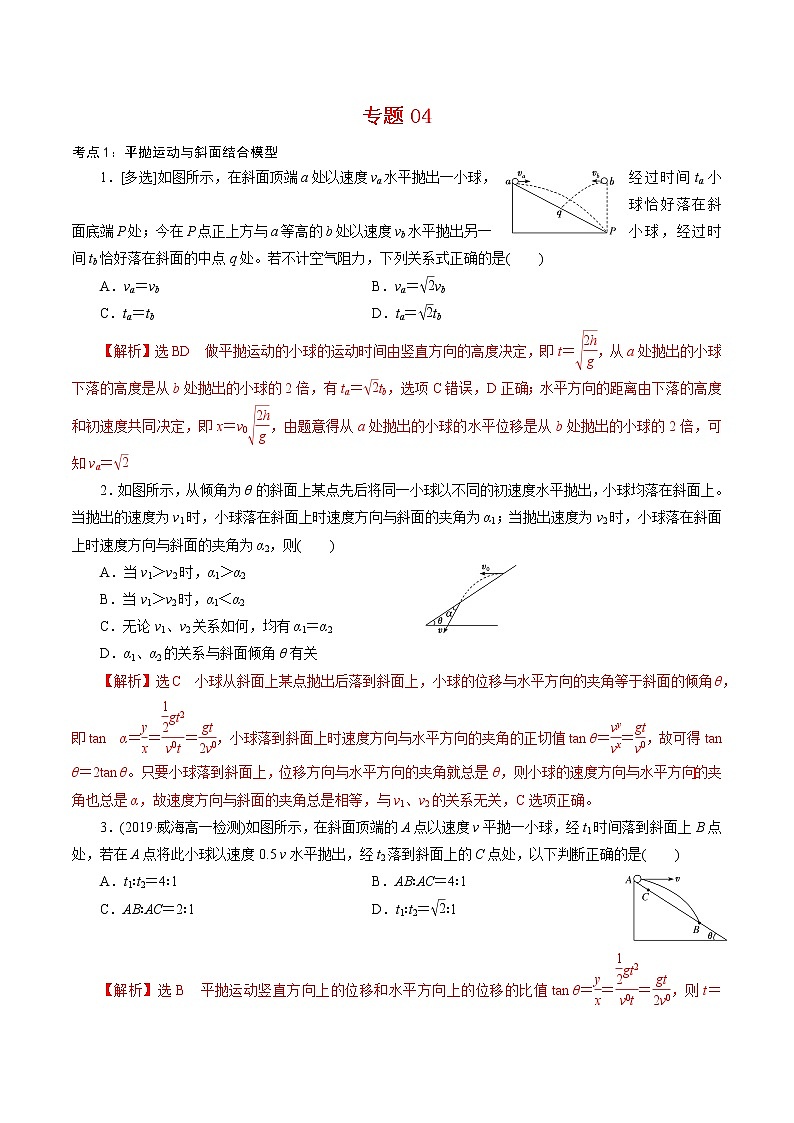 专题04  平抛运动的三类模型【专项训练】-2020-2021学年高一物理下学期期中专项复习（新教材人教版）01