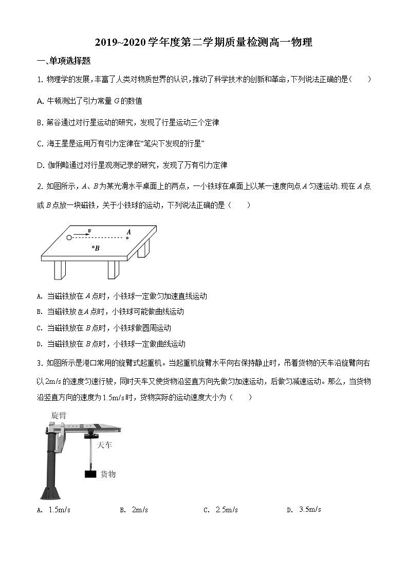 精品解析：山东省枣庄市2019-2020学年高一（下）期末物理试题（原卷版）第1页