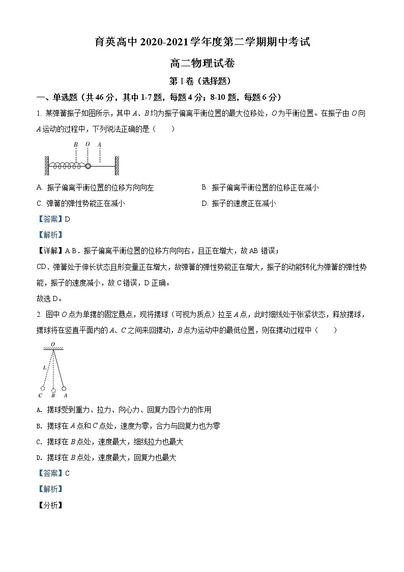 精品解析：辽宁省朝阳育英高考补习学校2020-2021学年高二（下）期中物理试题01