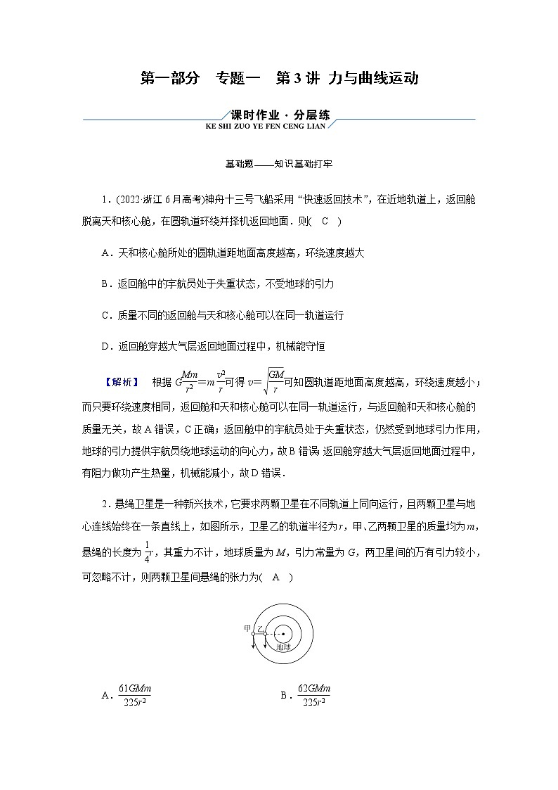 2023届高考物理二轮复习专题1第3讲力与曲线运动作业含答案第1页
