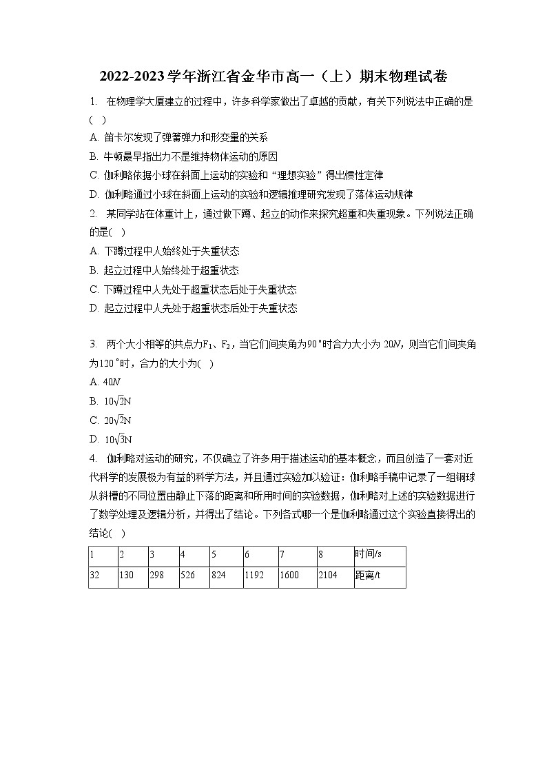 2022-2023学年浙江省金华市高一（上）期末物理试卷（含答案解析）01