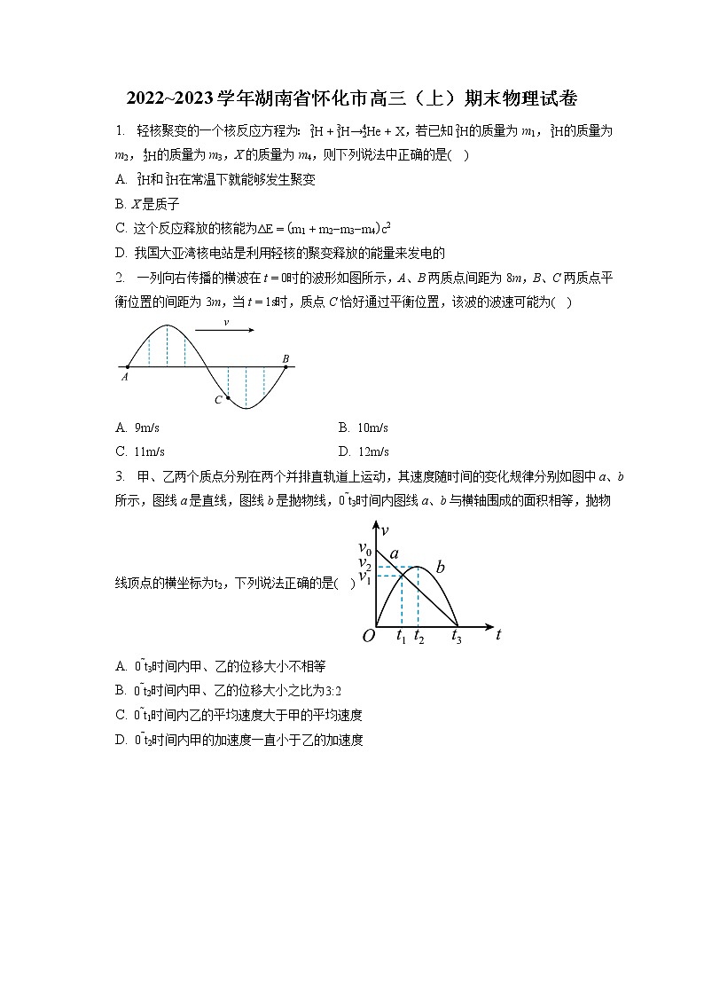 2022_2023学年湖南省怀化市高三（上）期末物理试卷第1页