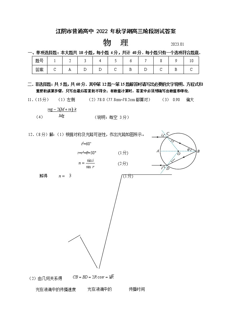 江苏省无锡市江阴市2022-2023学年高三上学期期末考试物理答案第1页