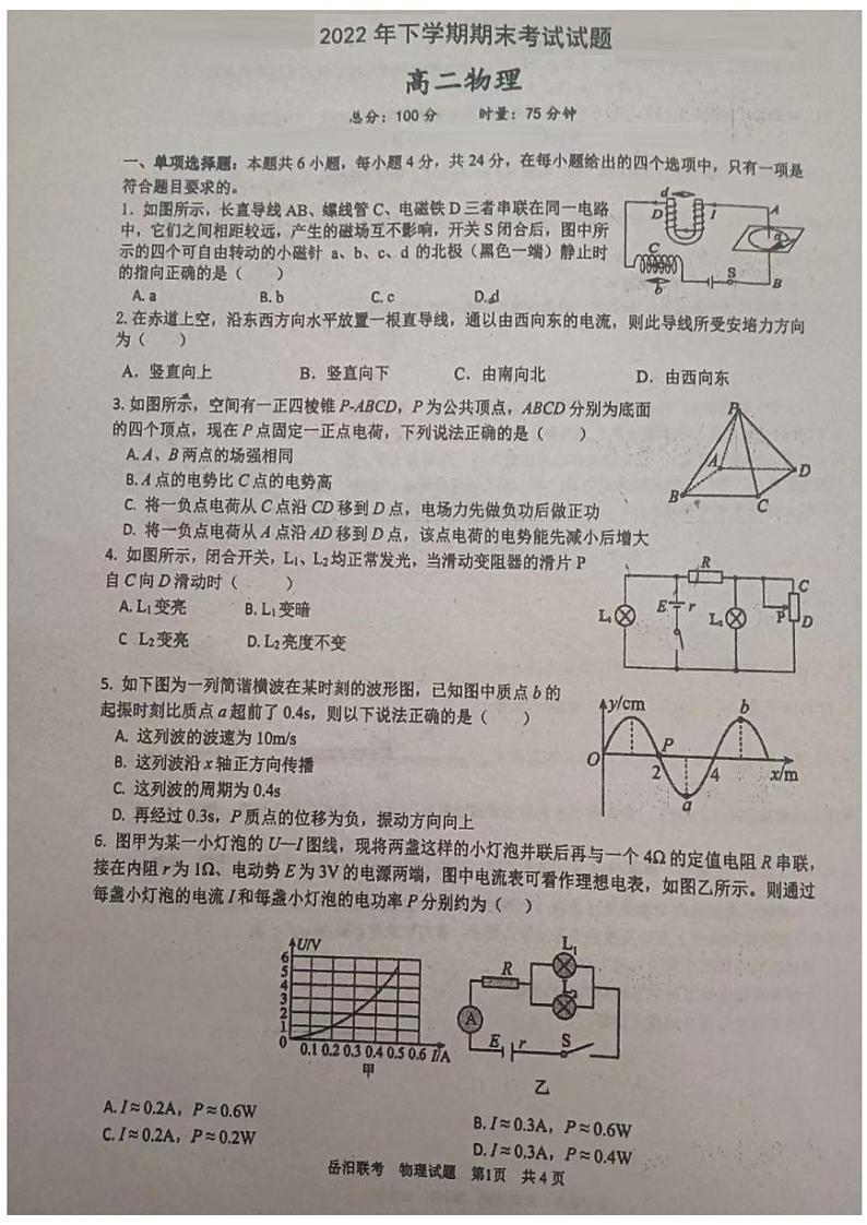 湖南省岳阳市2022-2023学年高二上学期1月期末考试物理试卷（图片版，含部分解析）第1页