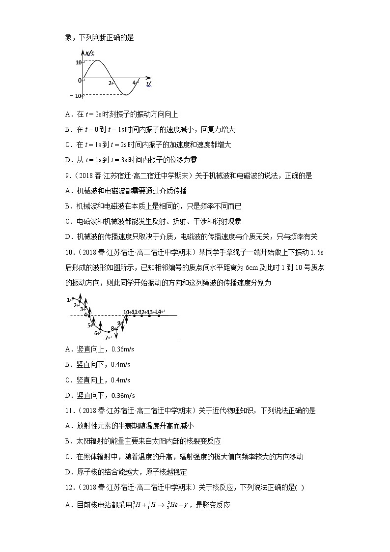 江苏省宿迁市三年（2020-2022）高二物理下学期期末测试题题型分类汇编1-单选题03