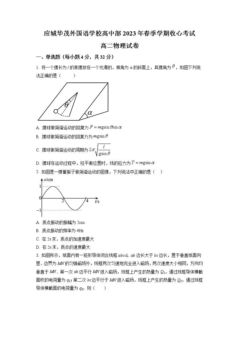 湖北省孝感市应城华茂外国语学校2022-2023学年高二下学期收心考试物理试题（原卷版）第1页