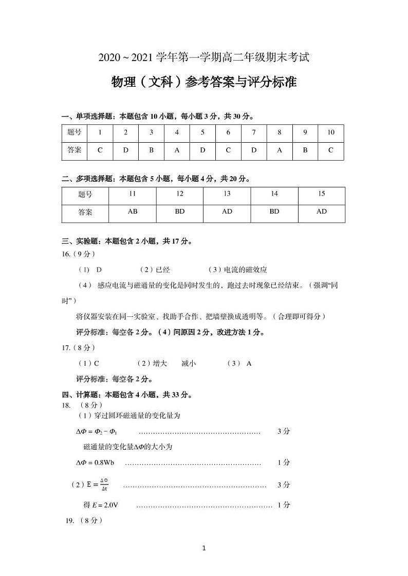 高二期末物理（文）答案第1页